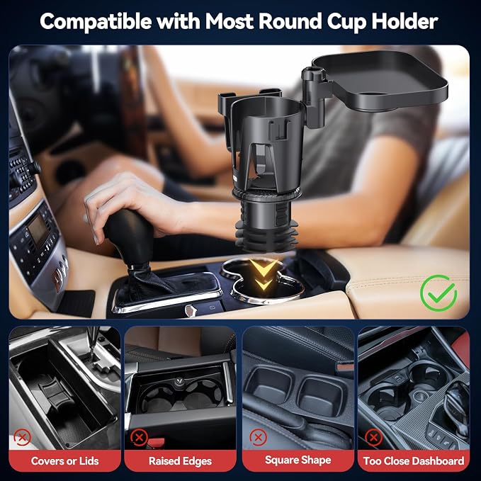 KDD Car Cup Holder Expander - 3 in 1 Cup Holder Adapter with Adjustable Base - Detachable Phone Holder & 360° Rotation Food Tray for Car - Compatible with Vehicles, Car, Road Trip Essentials - Image 7