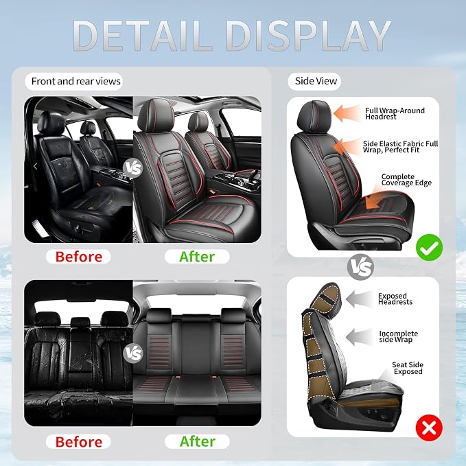Fit CHR Car Seat Covers for Toyota CHR 2018-2021 2022 -Premium Leather, Waterproof，Breathable，All-Weather Seat Cushion Protecto & Airbag Compatible, 2 Front Seat Red Line Black - Image 5