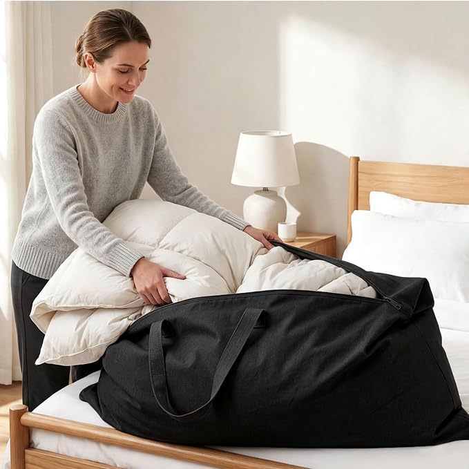 2 Pack Travel Pillow and Blanket Bags, 100% Cotton Canvas Pillow Storage Bag with Handles, Heavy Duty Breathable Organizer for Bedding Linens, Pillow Bag for Traveling(2,Black,20"x36") - Image 4