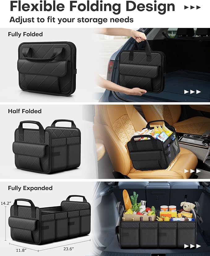 HOTOR Trunk Organizer for SUV – Foldable Car Organizers and Storage | 2 Compartments, Large Capacity Car Trunk Organizer Car Accessories for Truck Sedan, Black, 23.6" x 14.2" x 11.8" - Image 5