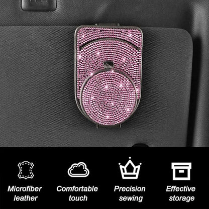 Bling Sunglasses Holder for Car Visor, Genuine Leather Crystal Rhinestone Vehicle Eyeglasses Clip Mount Hanger, Auto Ticket Card Origanizer for Women Girls, Universal Fit (Pink) - Image 6