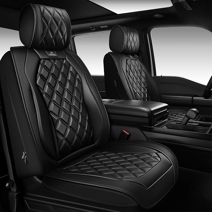 CAR PASS Luxury Nappa Leather Front Seat Covers, Waterproof Lumbar Support Seat Covers, Universal Anti Slip Seat Cushion Fit for Most Sedan SUV Truck Van, Armrest Airbag Compatible Rhomb Pure Black - Image 3