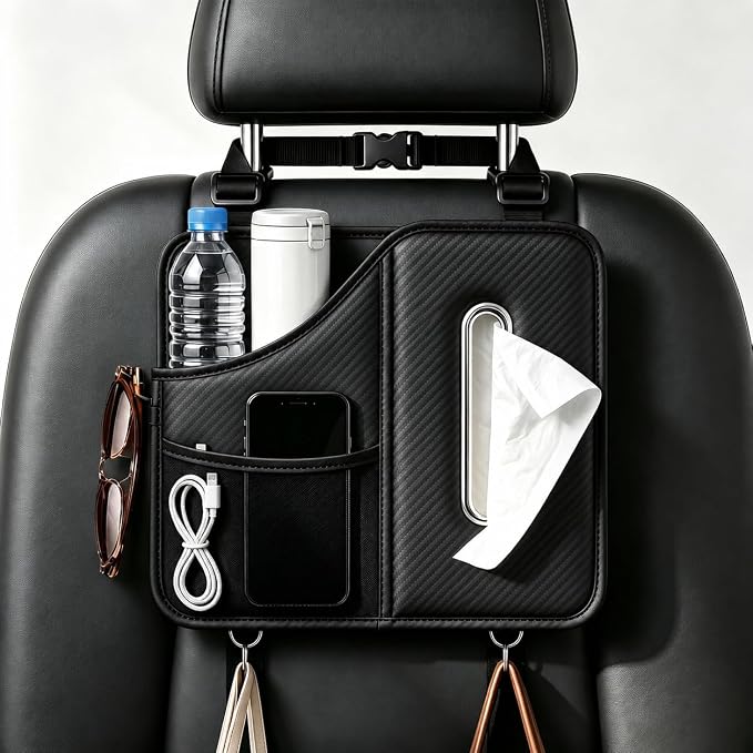 Car Tissue Holder, Leather Back Seat Organizer with Cup Holder & 2 Hooks | | Fits 100-160 Count Tissue Boxes, Keeps Drinks & Small Items Within Reach,3 Storage Pockets, Secure Headrest Mount by Cozilo