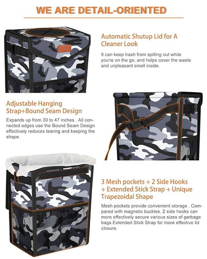 Pritent Car Trash Can with Lid Leakproof Car Garbage Bag Vehicle Trash Bin | Hanging Automotive Garbage Can,Multipurpose Car Accessories for Women Men Interior Car Storage Organizer(2 Gal,Camo Grey) - Image 4
