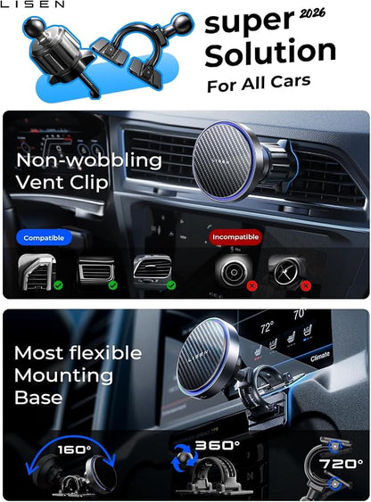 LISEN 15W MagSafe Car Mount Charger,[Carbon Fiber] Magnetic Wireless Car Charger, Dashboard & Air Vent Car Phone Mounts, Magnetic Phone Holder for Car Mount for iPhone 17/16/15/14/13/12, Samsung Pixel | Carbon Fiber 15W Magsafe Car Mount Charger, 2 in ... - Image 3