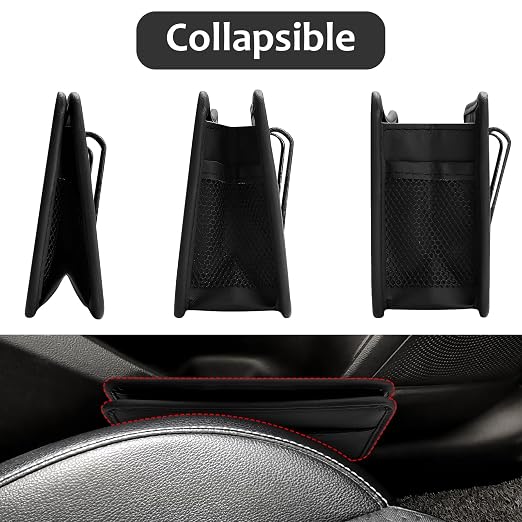 Accmor Collapsible Car Trash Can, Leather Vehicle Garbage Organizer Bin Holder with One Roll Trash Bag, Foldable Hanging Mini Cars Storage Bag Container for Auto, SUV (Black) - Image 5