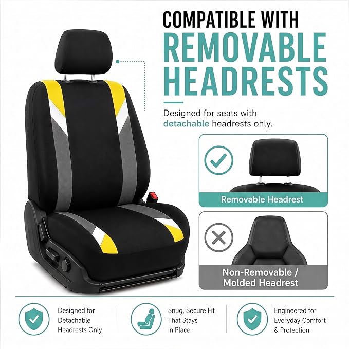 FH Group Front Set Cloth Car Seat Covers for Low Back Car Seats with Removable Headrest, Universal Fit, Airbag Compatible Car Seat Cover for SUV, Sedan, Van, Yellow - Image 2