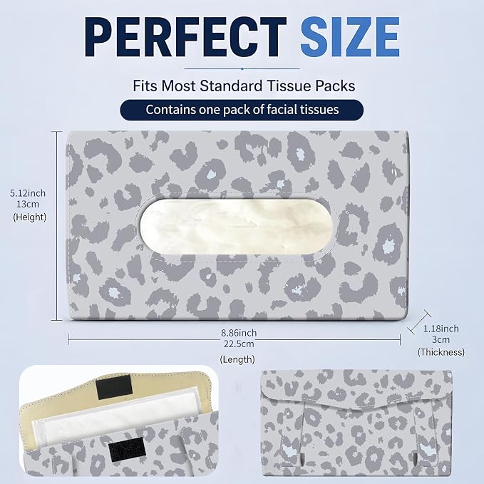 Car Tissue Holder, Cute Sun Visor Napkin Holder Backseat Tissue Case, PU Leather Tissue Box, Funny Car Accessories for Women Men Grey Cute Leopard - Image 4