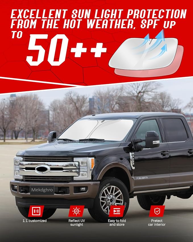 Windshield Sunshade for Ford Super Duty F250 350 450 550 2017-2026 | Custom Fit, Foldable, Easy to Install & Store, Full Coverage, 210T Reflective Fabric, Blocks 99% of UV Rays - Image 7