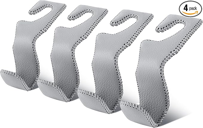 EldHus Car Seat Hooks for Purses and Bags, 4 Pack Car Purse Holder for Grocery Bag Handbag Clothes, Metal Headrest Hooks Covered by Leather, Gray by EldHus