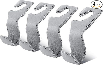 EldHus Car Seat Hooks for Purses and Bags, 4 Pack Car Purse Holder for Grocery Bag Handbag Clothes, Metal Headrest Hooks Covered by Leather, Gray by EldHus