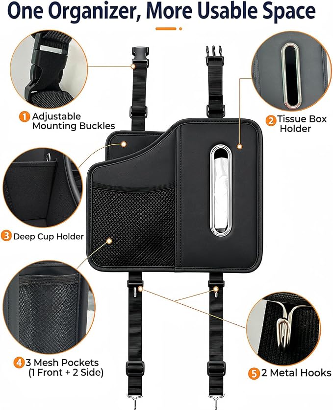 Car Tissue Holder, Leather Back Seat Organizer with Cup Holder & 2 Hooks | | Fits 100-160 Count Tissue Boxes, Keeps Drinks & Small Items Within Reach,3 Storage Pockets, Secure Headrest Mount - Image 3