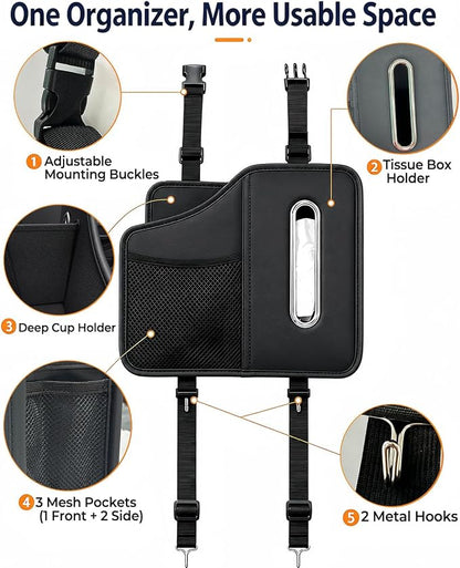 Car Tissue Holder, Leather Back Seat Organizer with Cup Holder & 2 Hooks | | Fits 100-160 Count Tissue Boxes, Keeps Drinks & Small Items Within Reach,3 Storage Pockets, Secure Headrest Mount - Image 3