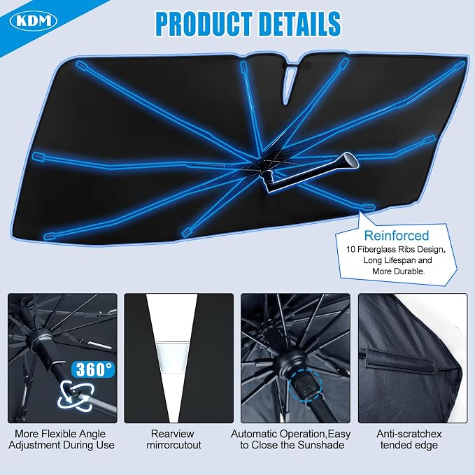 KDM Umbrella Style Windshield Sun Shade Fit for 2016-2025 to-yota Tacoma | Foldable Front Windows Sunshade Visor Protector Blocks UV Rays Heat,5 Layer - Image 5