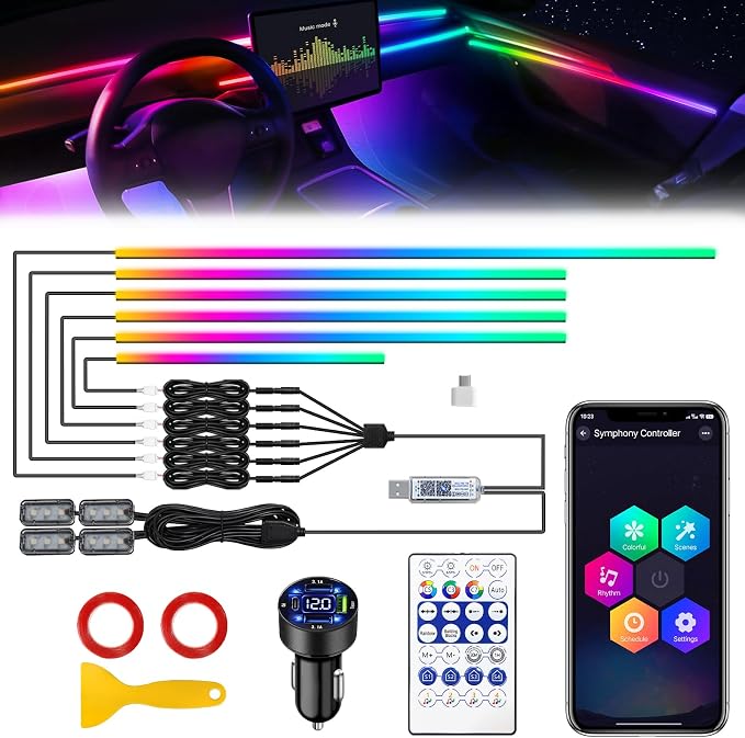 Dreamcolor Acrylic Interior Car LED Strip Light with USB/Type C/4-Port Cigarette Lighter, RGB 10 in 1 with 179.2 inches 650 LEDs Ambient Lighting Kits, Sound Active Function Neon Led Strips for Car by MAODANER
