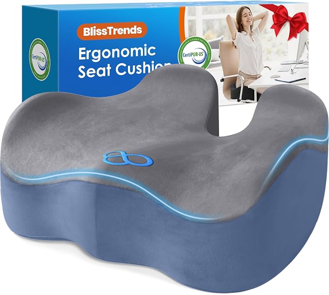 BlissTrends Extra Thick Seat Cushion for Office Chair & Car Seat, Grey&Blue | XX-Large Tailbone & Sciatica Relief, Ergonomic Support, High-Density Memory Foam, Comfort for Extended Sitting by BlissTrends