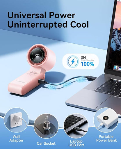 KIMMOO 3-in-1 Portable Handheld Turbo Fan-100 Speeds,Powerful 20000 RPM, 12Hrs Cooling, LED Display, 120° Rotation, USB Rechargeable Mini Hand Held Personal Fan for Travel Makeup Outdoor Indoor, Pink - Image 8