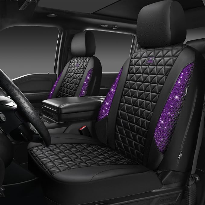 CAR PASS Bling Diamond Leather Car Seat Covers Full Seats Interior Sets, Waterproof Shining Glitter Sparkly Crystal Universal Armrest Fit Automotive Truck SUV Cute Women Girl, Black Purple Rhinestone - Image 8