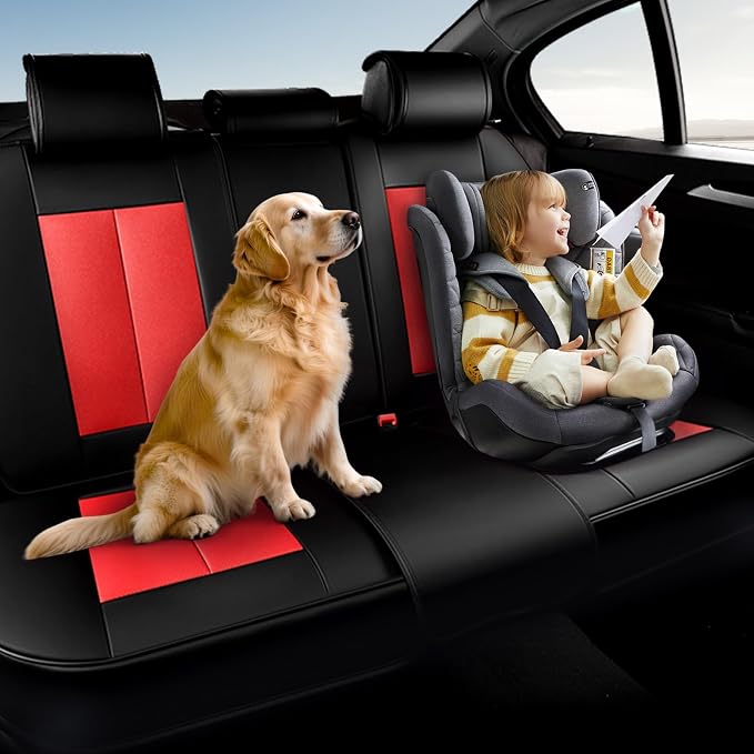 Coverado Automotive Seat Covers, Car Seat Protector for Back Seat, Waterproof Seat Covers for Cars Carseat Cover, 3-Pieces Back Seat Cover for Car, Faux Leather Universal Fit Most Cars, Black&Red - Image 4