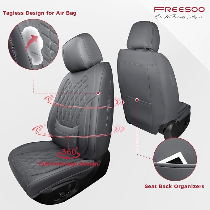 FREESOO Front Seat Covers Faux Leather Waterproof Universal Fit Grey | faux leather front seat covers, breathable waterproof, lumbar support, universal fit sedans hatchbacks pickups - Image 2