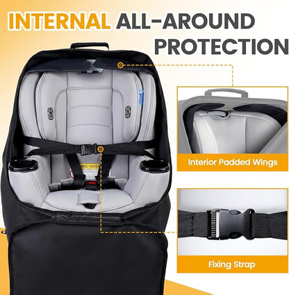 Orzbow Padded Car Seat Travel Bag for Airplane, Carseat Backpack Bag, Black | Universal Fit Carseat & Booster Seat, with Side Pocket, Car Seat Carrier with Shoulder & Waist Strap for Gate Check - Image 2