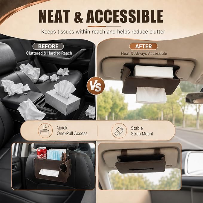 Car Tissue Holder, Leather Rectangular Car Backseat Napkin Storage Box, Multifunctional Vehicle Interior Tissues Organizer Accessories for Keep Auto Tidy (Brown) - Image 4