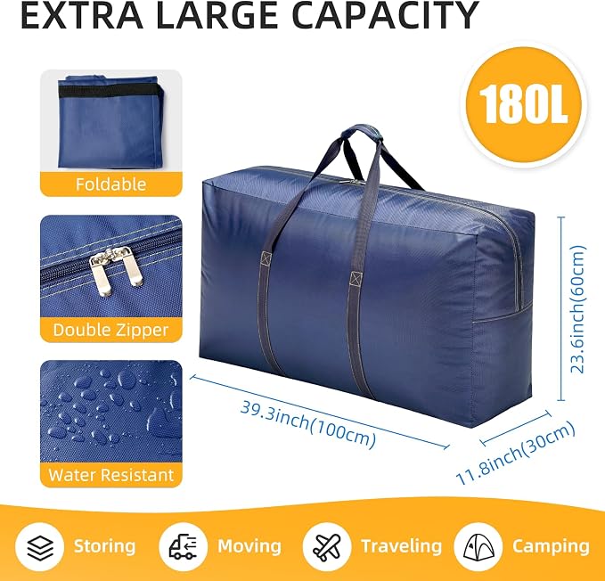 Extra Large travel duffel bag with Strong Handles, 180L Waterproof duffel bag, Durable Zippers, Extra Large Storage Totes for Space Saving and Moving Supplies, Blue - Image 2