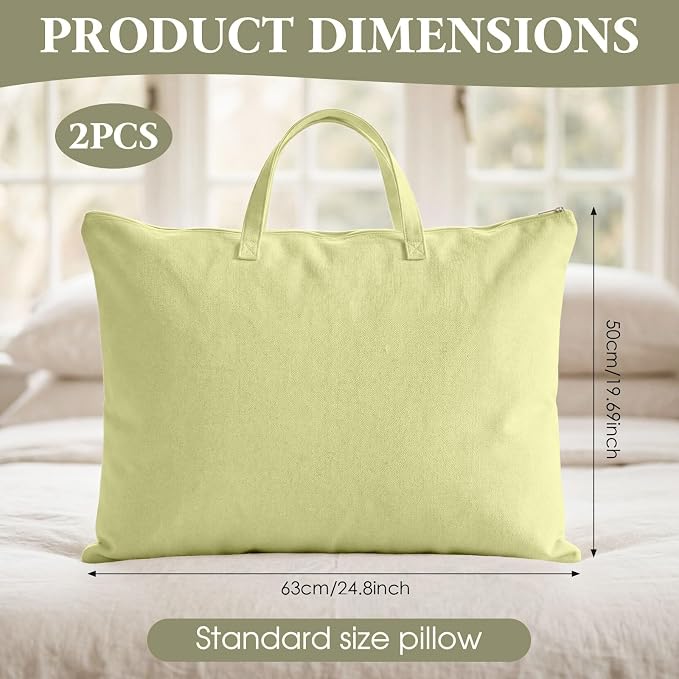 2 Pack Travel Pillow and Blanket Bags, 100% Cotton Canvas Pillow Storage Bag with Handles, Heavy Duty Breathable Organizer for Bedding Linens, Pillow Bag for Traveling(2,Olive Green,20"x26") - Image 2