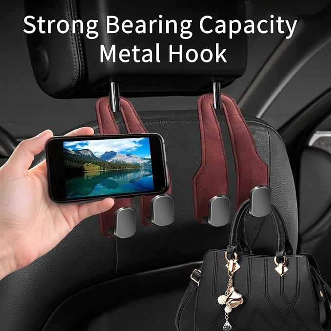 Car Purse Hook, Car Seat Headrest Hooks, Hot Pink Leather 4 Pack | Car Purse Holder Hooks, Universal Car Hangers Seat Back Organizer Storage, Double Metal Hooks for Grocery Purses and Bags - Image 4