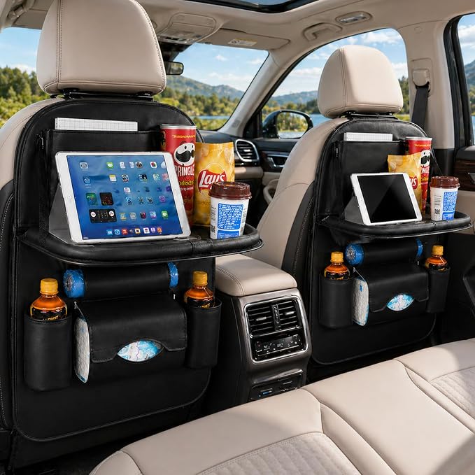 Universal Foldable Car Backseat Organizer with Table Tray, Car Seat Back Protector with Touch Screen Phone Holder, Premium Leather Kick Mats with Storage Pockets Tissue Holder (Black) by QIANKUNCaraccessories