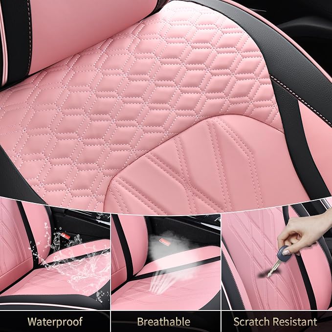 FLORICH Leather Cars Seat Covers Full Set Pink Car Seat Covers Front and Rear Seat Covers for Car Waterproof Vehicle Seat Interior Cover Universal Fit for Most Car Truck SUV, Black&Pink - Image 5