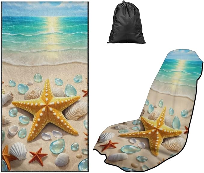 Beach Starfish Car Seat Towel Cover Auto Front Seat Towel Cover | Universal Non Slip Waterproof Sweat Protector with Storage Bag Ocean Starfish Car Interior Accessories Running Gym Yoga Towel by YMPUDXFI