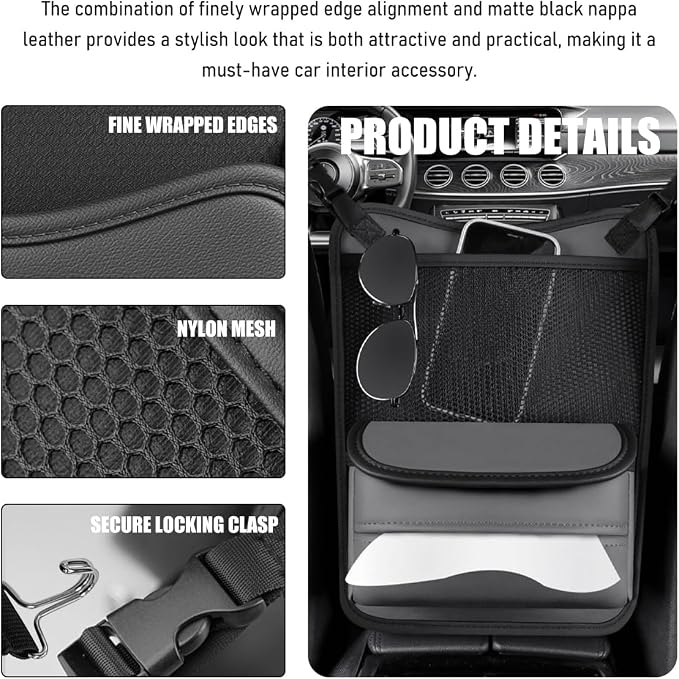 Car Organizer Storage Between Seats, Nappa Leather Front Seat Storage Bag with Tissue Holder, Automotive Console Hanging Net Pocket Handbag Holder for Phone Document (Gray) - Image 4