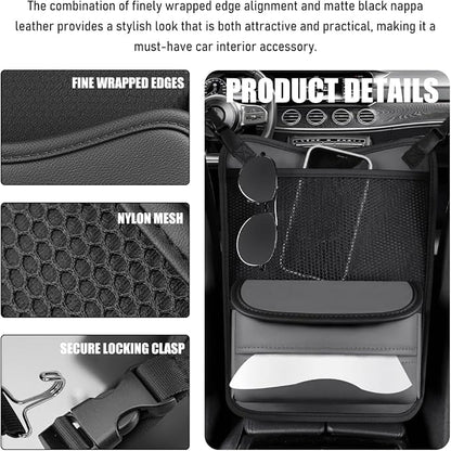 Car Organizer Storage Between Seats, Nappa Leather Front Seat Storage Bag with Tissue Holder, Automotive Console Hanging Net Pocket Handbag Holder for Phone Document (Gray) - Image 4