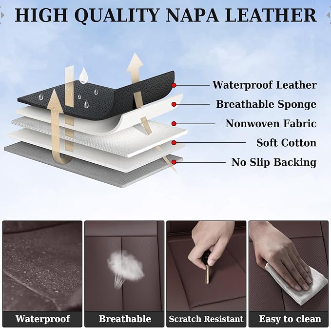 Coverado Rear Seat Covers for Cars, Back Seat Protector, Brown Back Seat Cover for Kids, 3-Pieces Waterproof Car Seat Cushion Nappa Leather Seat Cover for Back Seat Universal Fit for Most Cars - Image 4