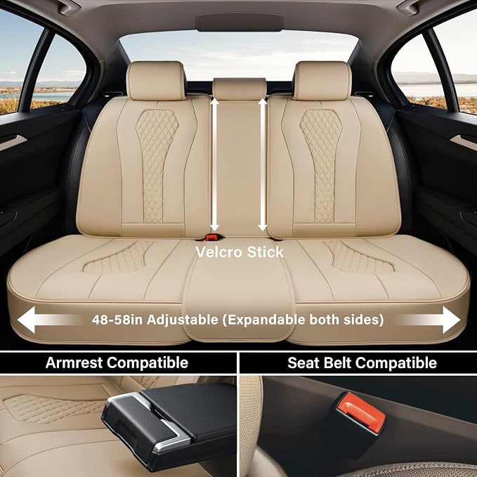 Coverado Automotive Seat Covers, Back Car Seat Cover, Rear Seat Cover, 3-Pieces Luxury Car Seat Cushion, Beige Seat Cover Seat Protector Universal Fit Most Cars - Image 2