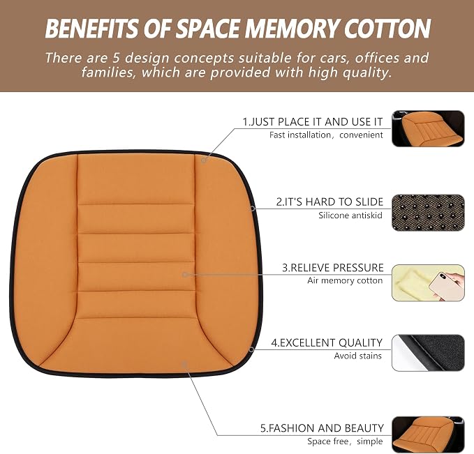 MYFAMIREA Car Seat Cushion Pad 1.2" Thick Comfort Seat Protector for Car Driver Seat Office Chair Home Use Memory Foam Seat Cushion with Non Slip Bottom, 20'' x 18.5'', Orange - Image 2