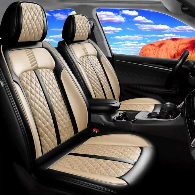 Fit Mazda 3 Seat Covers Custom Fit for Mazda 3 2010-2019, Full Set | Premium Leather Full Coverage Protector, Waterproof, Breathable, Scratch Resistant, Easy Wipe, Airbag Compatible, Black+Beige by FiveFox