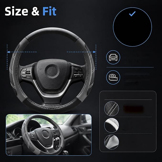 Elantrip Leather Large Steering Wheel Cover 14 1/2 inch to 15 inch Universal, Soft Grip Breathable for Car Truck SUV Jeep Anti Slip Gray - Image 4