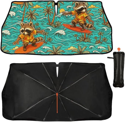 Hawaiian Raccoon Car Windshield Sun Shade Umbrella Bendable Handle Foldable Funny Sunshade for Car Windshield Block UV Rays Keep Vehicle Cool for Most Sedans SUV Trucks Cars 57"x30" - Image 3