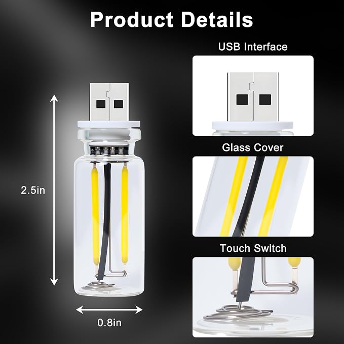 2 Packs USB Light for Car, Touch Dimmable Car Interior Ambient Lights - Portable Mini USB LED Light Bulb, Retro Glass Bottle Night Light for Vehicle, Bedroom, Hallway, Camping (White) - Image 5