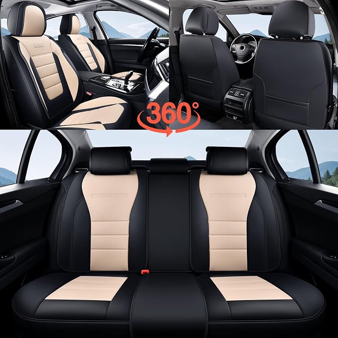 Coverado Car Seat Covers Full Set, Nappa Leather Seat Covers for Cars, Car Seat Protector Car Seat Cushion, Front and Back Seat Protectors Cushions Universal Fit for Most Cars Vehicles(Black&Beige) - Image 8