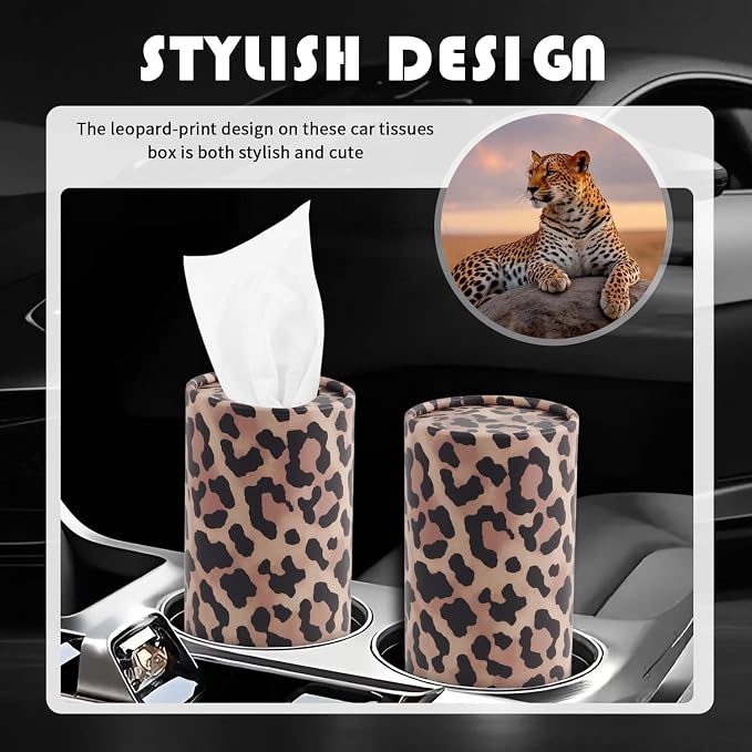 4PCS Portable Car Tissue Holder,Stylish Leopard-Print Tissues for Car Cup Holder with Replaceable Refills,Essential Cars Tissues Cylinder Leopard Print Cars Accessories - Image 3