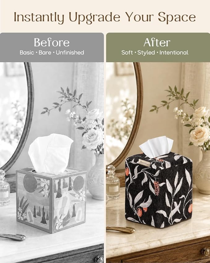 Chenille Tissue Box Cover - Vintage Farmhouse Decor, Black Leaf | Tissue Box Cover Square, Cube Tissue Holder, 4.5x4.5x5.5 in, Home, Living Room, Bathroom, Bedroom, Office, Vanity, Car Decor - Image 4