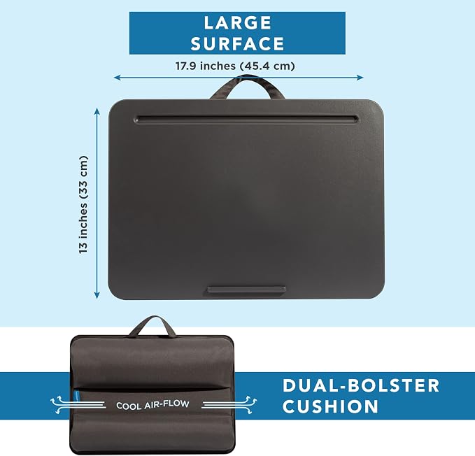 LAPGEAR The Original Lap Desk – Charcoal, Fits 17" Laptops | Microbead Cushion, Device Ledge, Built-In Pencil Tray, Carry Handle - Image 5