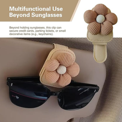 Sunglasses Holders for Car Sun Visor, Cute Visor Sunglasses Holder Clip with 3D Fabric Daisy, Creative Leather Glasses Holder and Ticket Card Clip, Universal for Most Cars (Brown) - Image 7