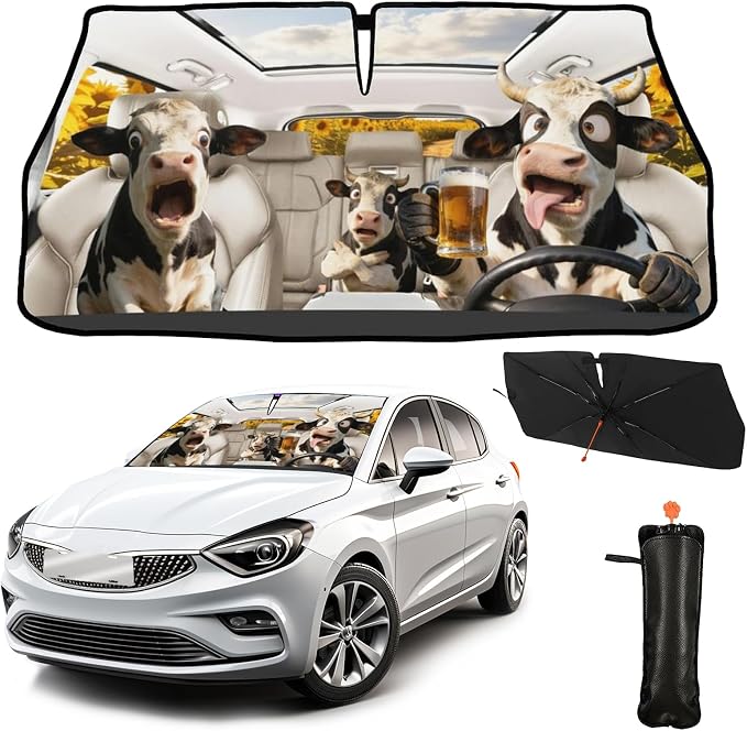 CHILL·TEK Funny Car Windshield Sun Shade Umbrella, Funny Cows Car Sun Shade Umbrella, Block UV Rays Heat Foldable Windshield Umbrella Sun Visor Protector - Keep Vehicle Cool for Cars SUV by CHILL%C2%B7TEK