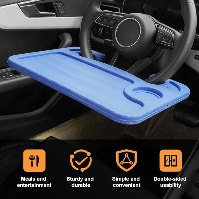 Dickno Car Steering Wheel Desk, Multipurpose Auto Steering Wheel Tray with Drink Holder, Steering Wheel Food Tray for Eating, Universal Vehicle Travel Accessories for Constant Travelers (Blue) - Image 4