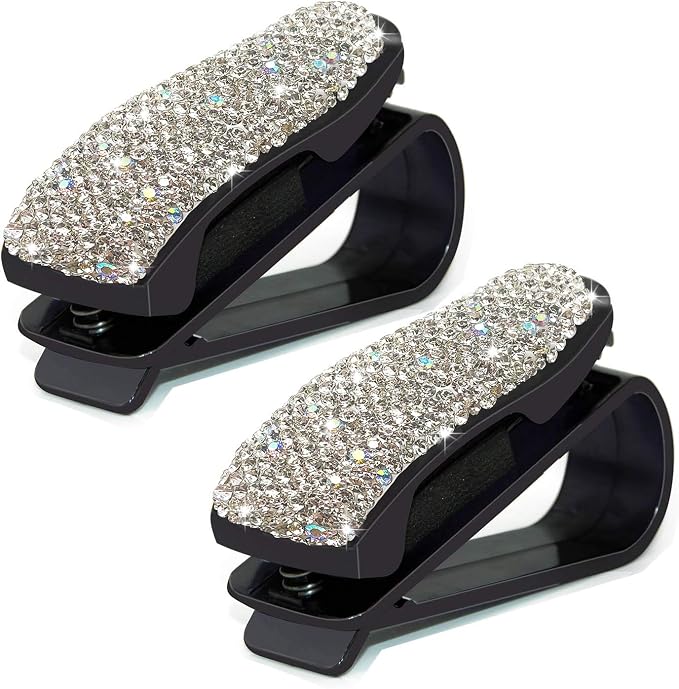Glasses Holders for Car Sun Visor, 2 Pack Bling Crystal Rhinestones Fashion Car Eyeglasses Sunglasses Hanger Mount with Ticket Card Clip for Women Girls (Silver) by CHIMUYU