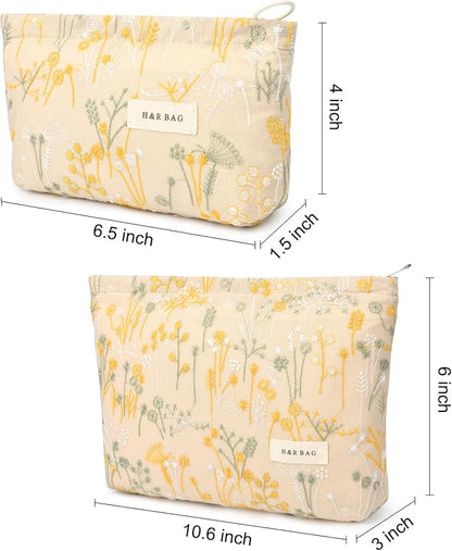 SOIDRAM 2 Pcs Makeup Bag Large Cosmetic Bag Toiletry Bag Makeup Pouch Travel Bag Organizer Cute Makeup Brushes Aesthetic Accessories Storage Bag for Women Wildflower Embroidery - Image 4